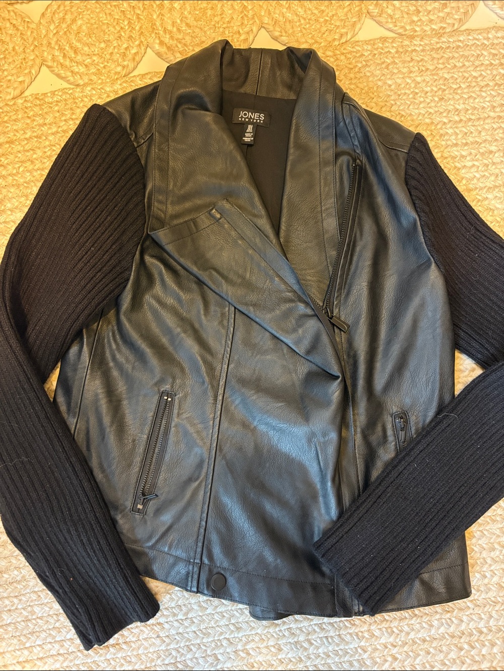 Jones New York Black faux Leather Jacket with Knit Sleeves